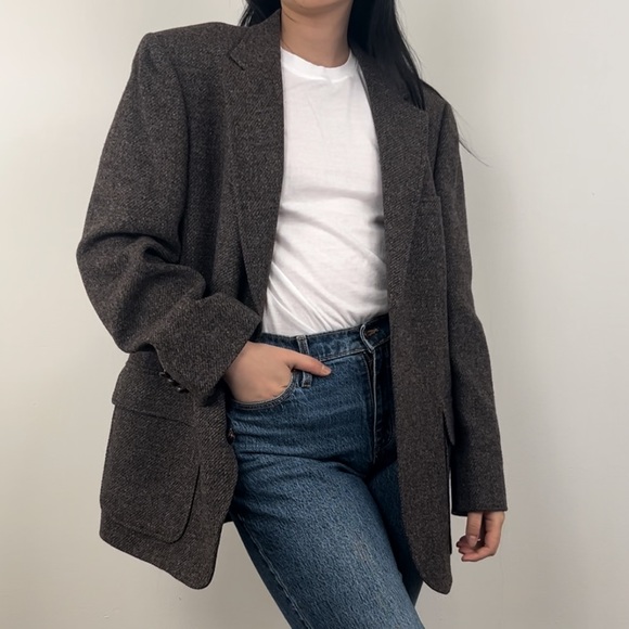 [SOLD] Vintage Johnny Carson Brown Tweed Wool Oversized Boyfriend Blazer - Picture 2 of 8